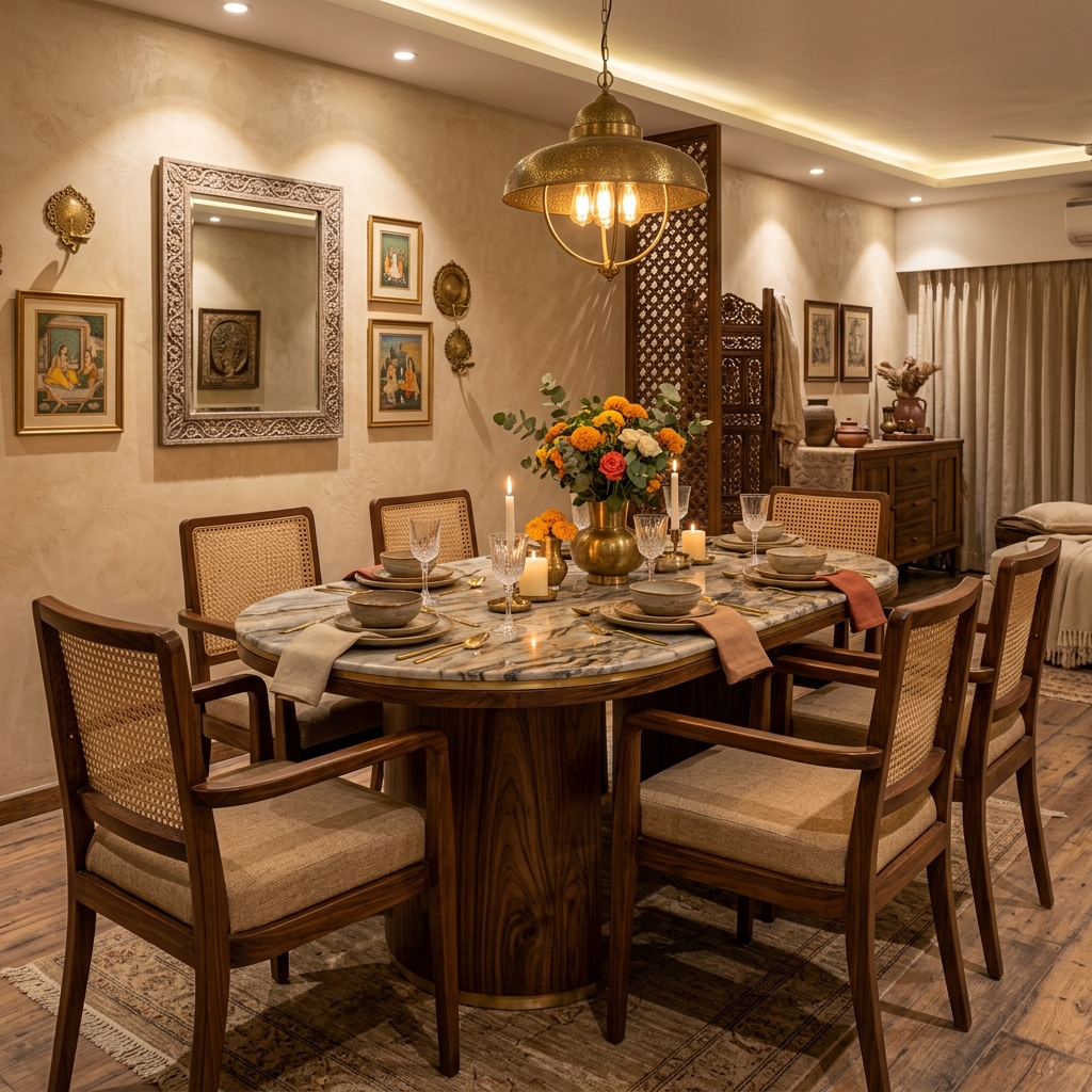 Modern dining area with a luxury marble-top table set