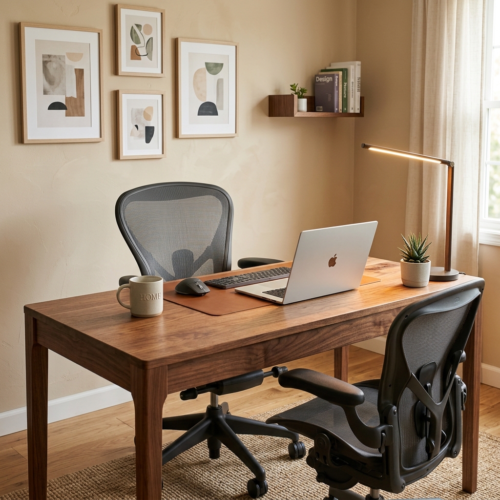 Ergonomic home office setup with a sleek walnut work desk