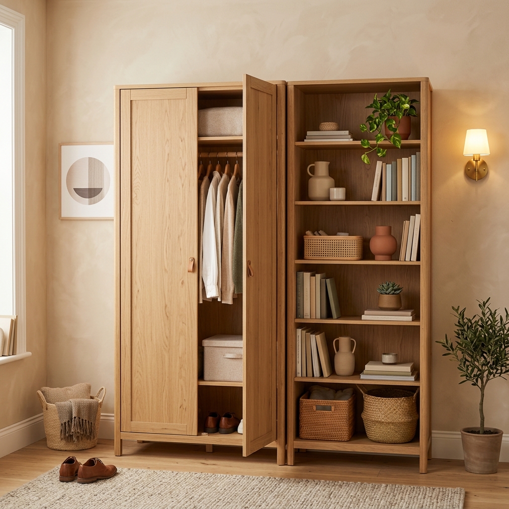 Spacious solid wood wardrobe with integrated storage solutions