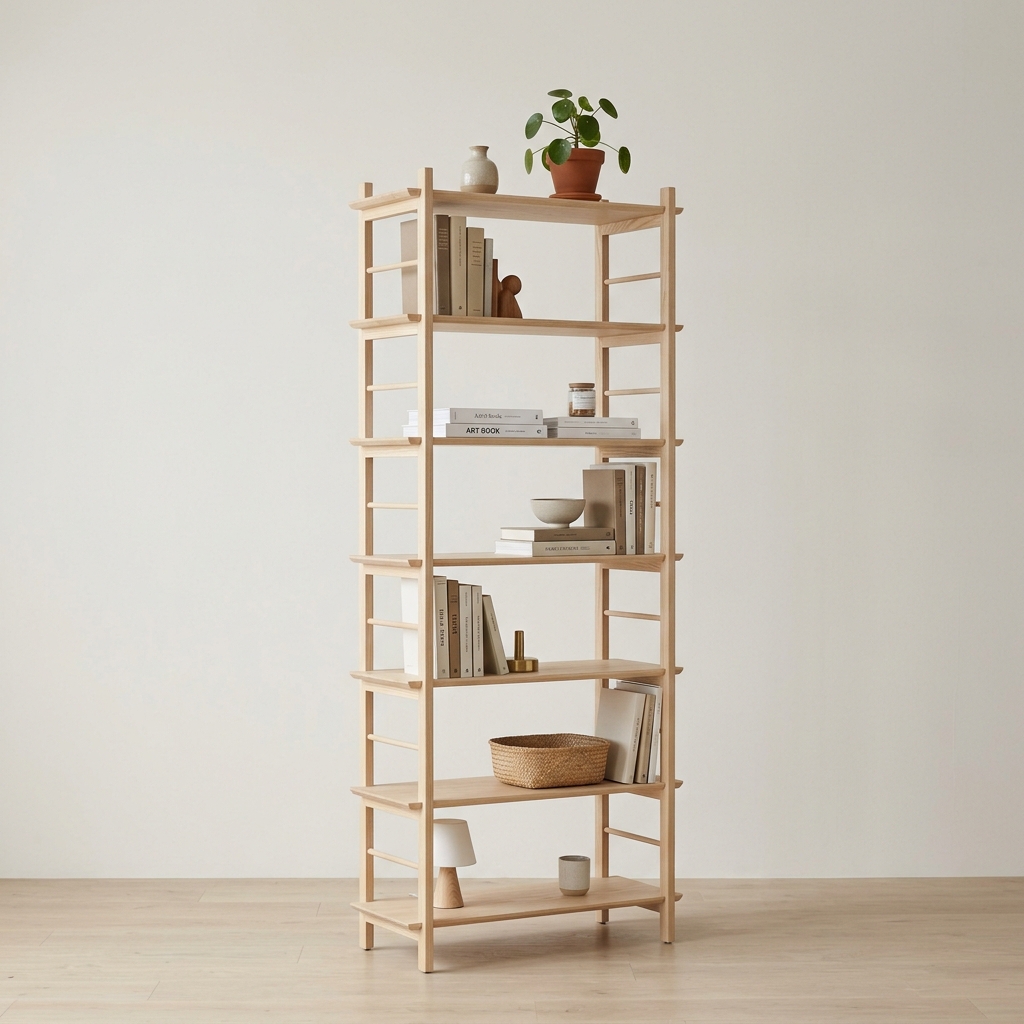 Minimalist Bookshelf - Tall open-shelf design in light ash wood