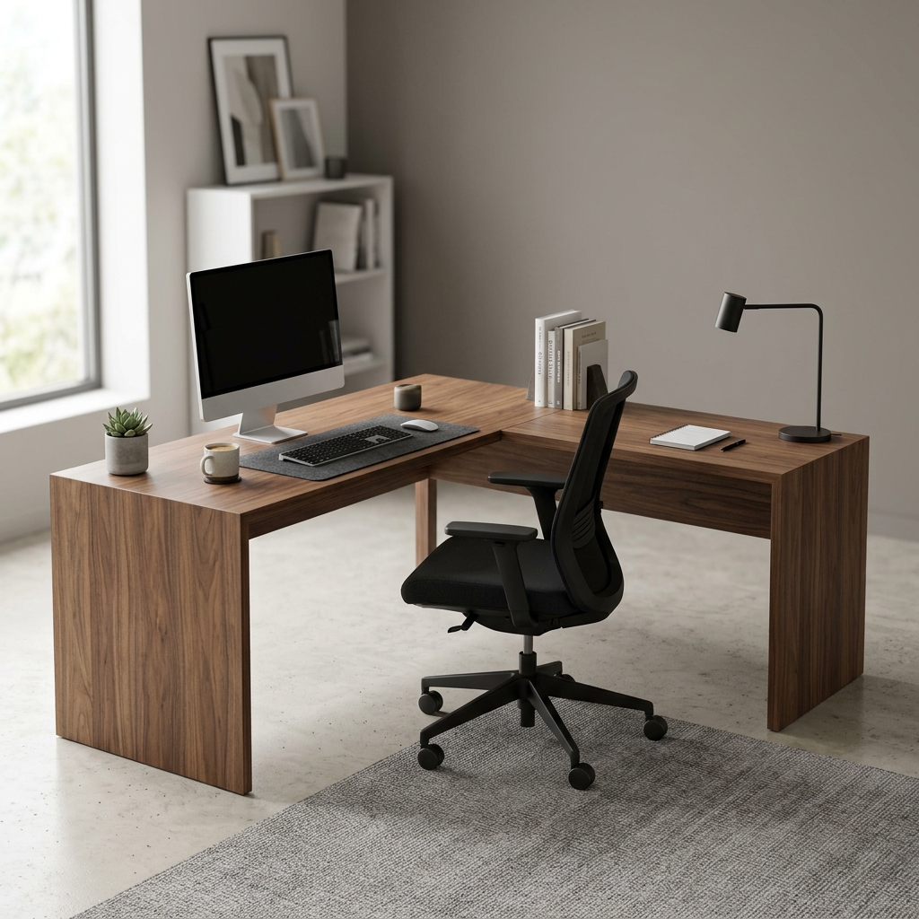 L-Shape Work Desk - Professional walnut veneer workspace for home offices