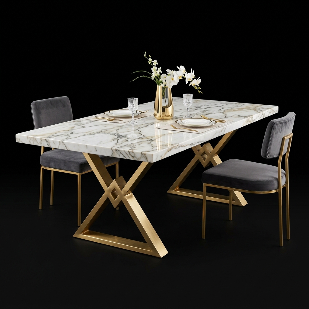 Marble Top Dining Table - Luxury white marble top with stainless steel frame
